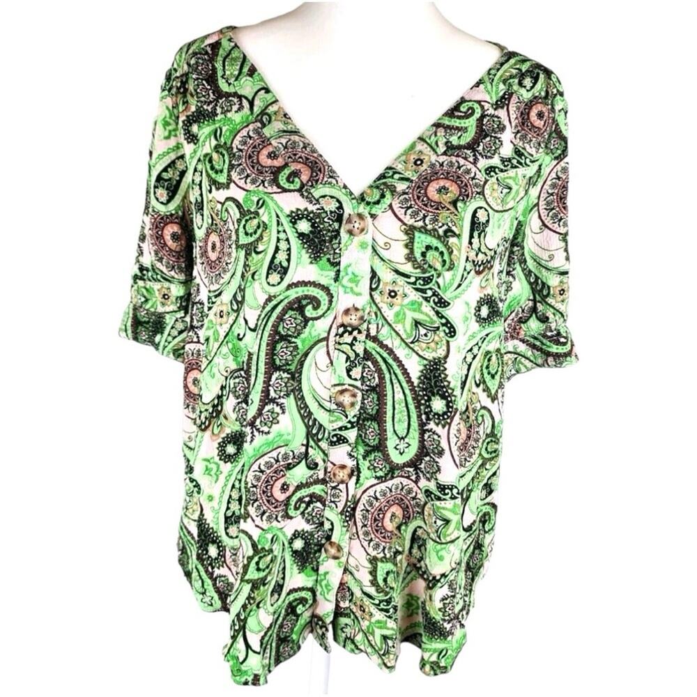 Maeve by Anthropologie Green Paisley Blaise Short Sleeve Button Down Top Size 10